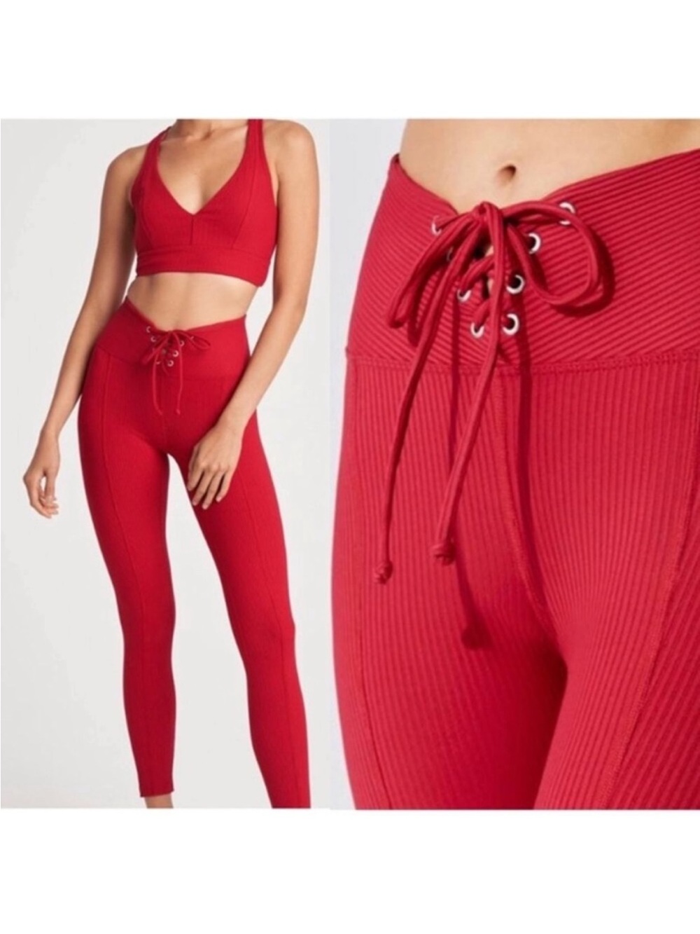 High-Waist Lace-Up Ribbed Leggings - Red